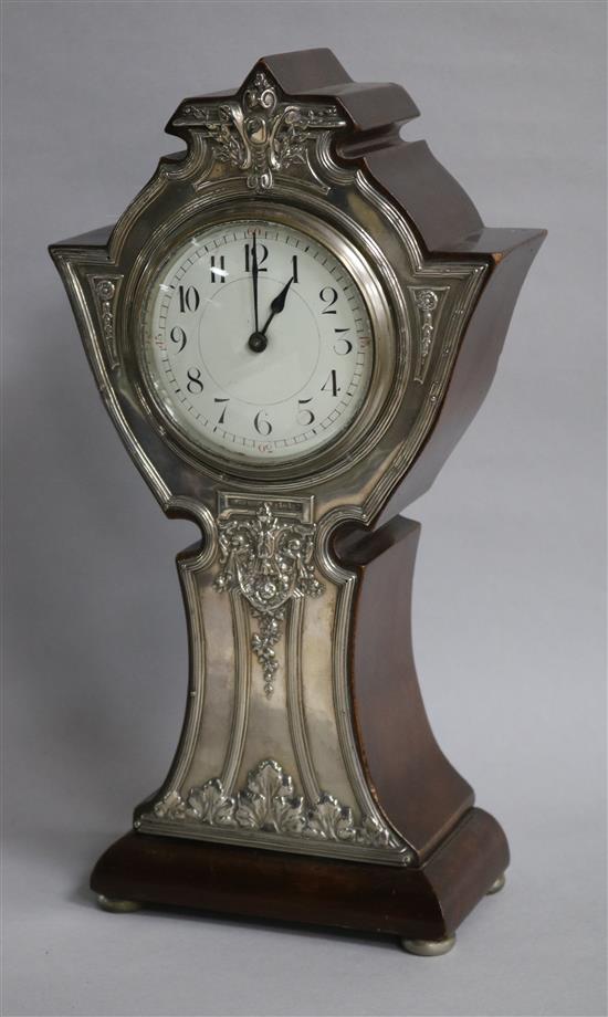 An early 20th century silver mounted mantel timepiece, Birmingham 1909, 12.5in.